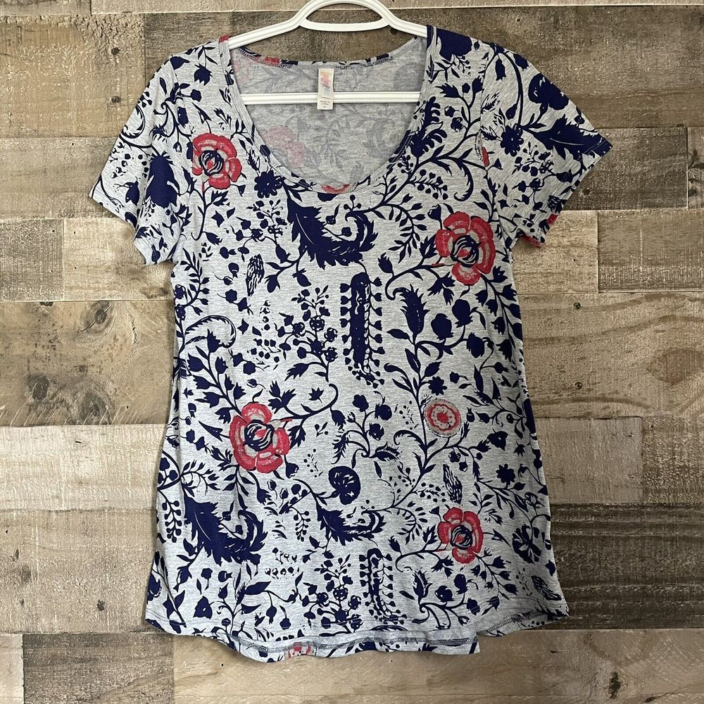 LuLaRoe Womens XS‎ Gray Floral Short Sleeve Pullover Top V-Neck Stretch